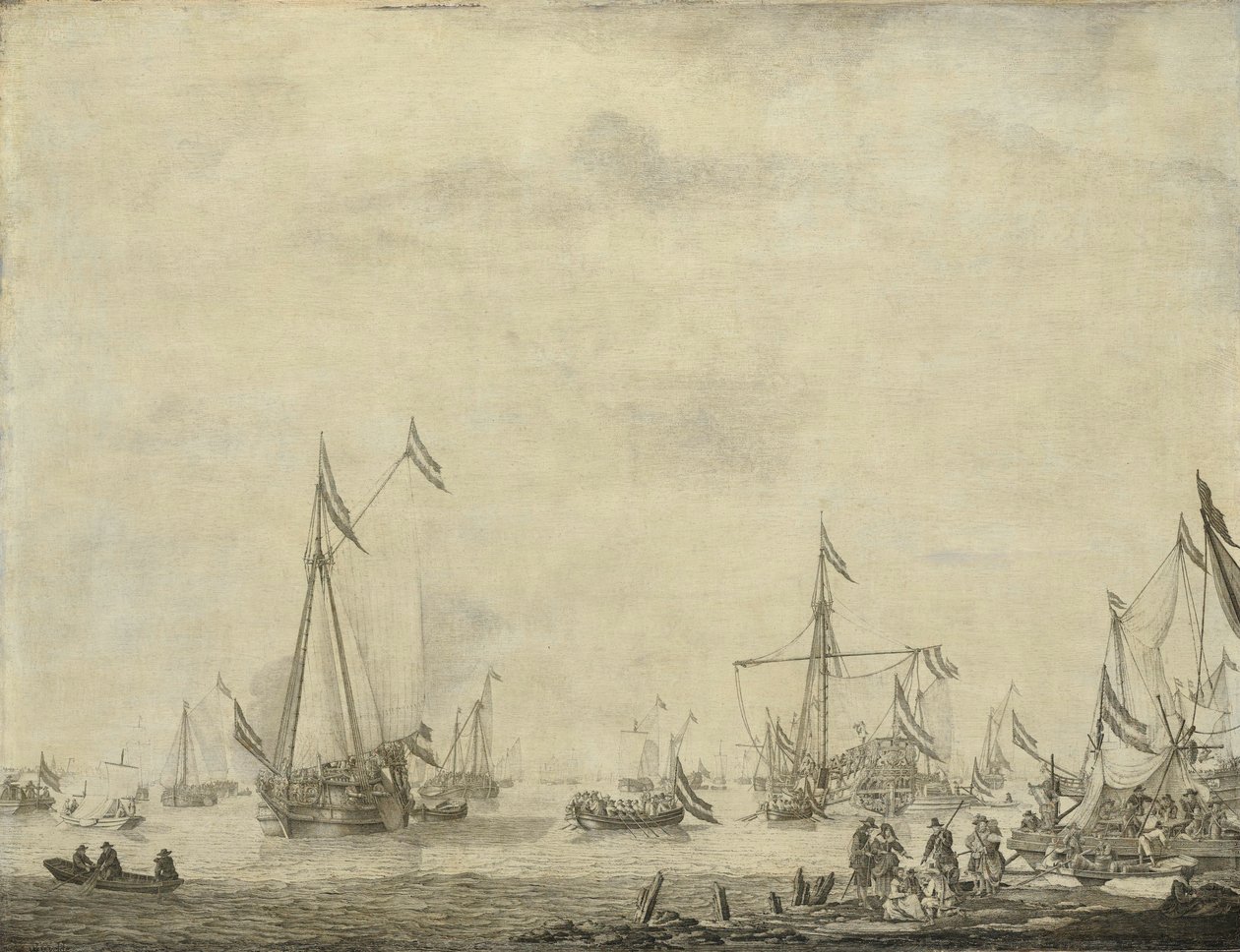 Königliche Yacht und Staatsyacht segeln von Moerdijk mit Charles II., König von England, an Bord, 1660 von Willem van de Velde (I)