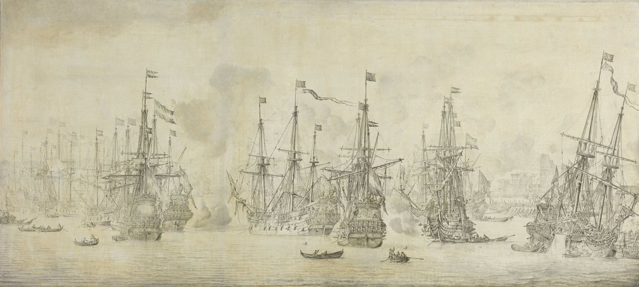 Der gescheiterte Angriff der Engländer auf die Rückflotte im Hafen von Bergen, Norwegen, 12. August 1665: eine Episode aus dem Zweiten Englisch-Niederländischen Krieg von Willem van de Velde (I)
