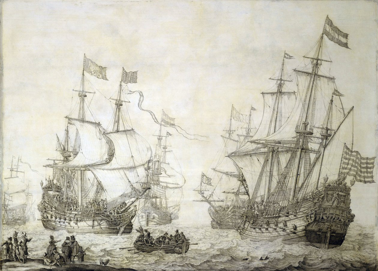Zwei Handelsschiffe der Niederländischen Ostindien-Kompanie verlassen das Ufer bei ruhigem Wind von Willem van de the Elder Velde