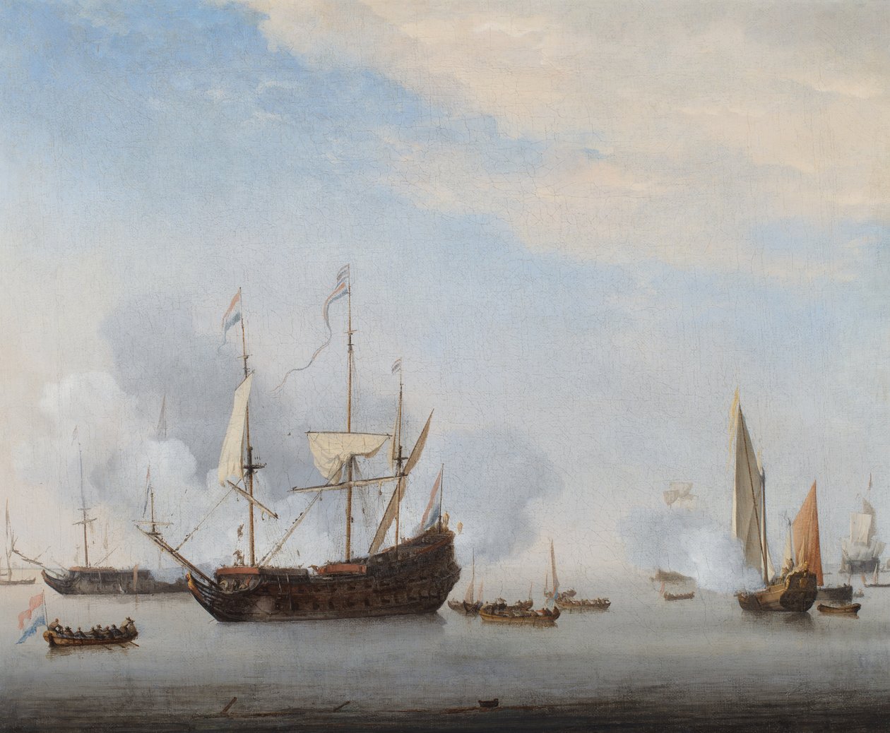 Ein Kriegsschiff feuert einen Salut, andere Schiffe in der Nähe von Willem van de the Younger Velde