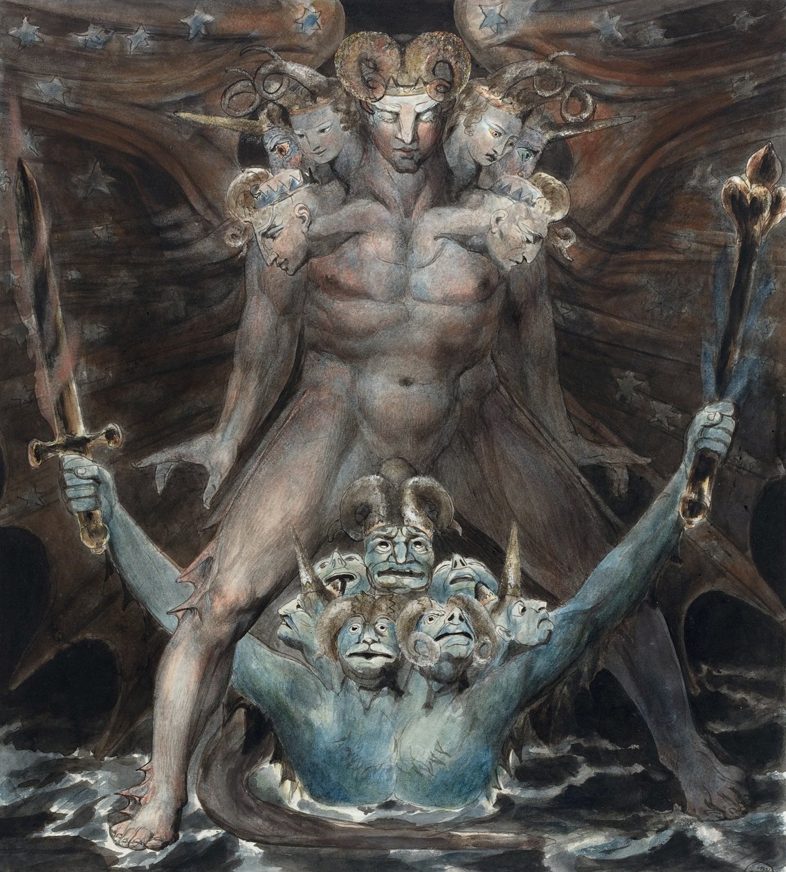 Der große rote Drache und das Tier aus dem Meer von William Blake
