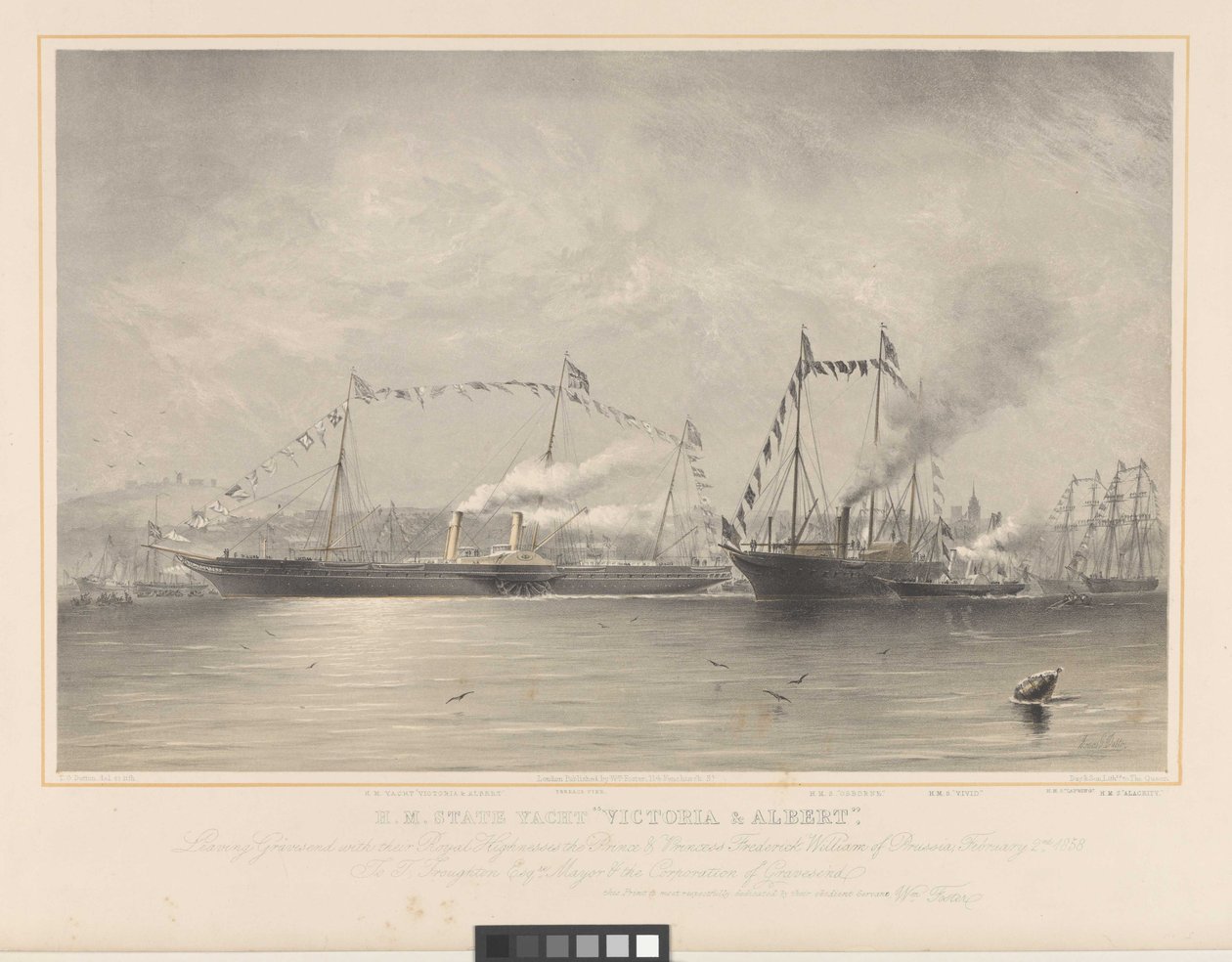 H.M. Staatsyacht Victoria & Albert, verlässt Gravesend mit ihren königlichen Hoheiten dem Prinzen & der Prinzessin Friedrich Wilhelm von Preußen, 2. Februar 1858 von William Foster