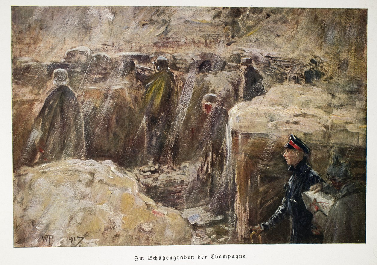 Wilhelm, Kronprinz von Deutschland, besucht die Truppen hinter den Linien in ihren Schützengräben in der Champagne, veröffentlicht 1917 von William Friedrich Georg Pape