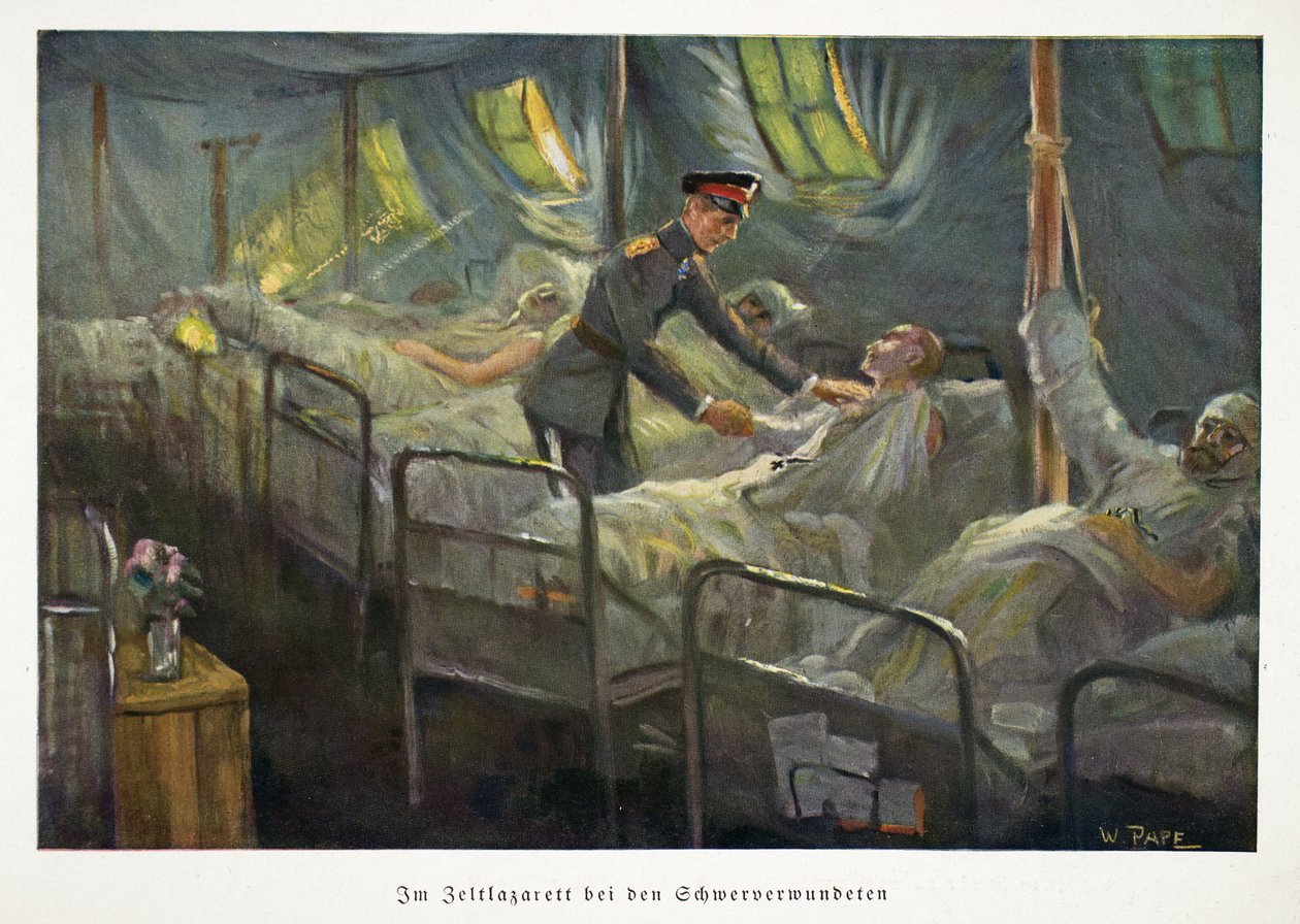 Wilhelm, Kronprinz von Deutschland, besucht verwundete Truppen in einem Feldlazarett, veröffentlicht ca. 1917 von William Friedrich Georg Pape