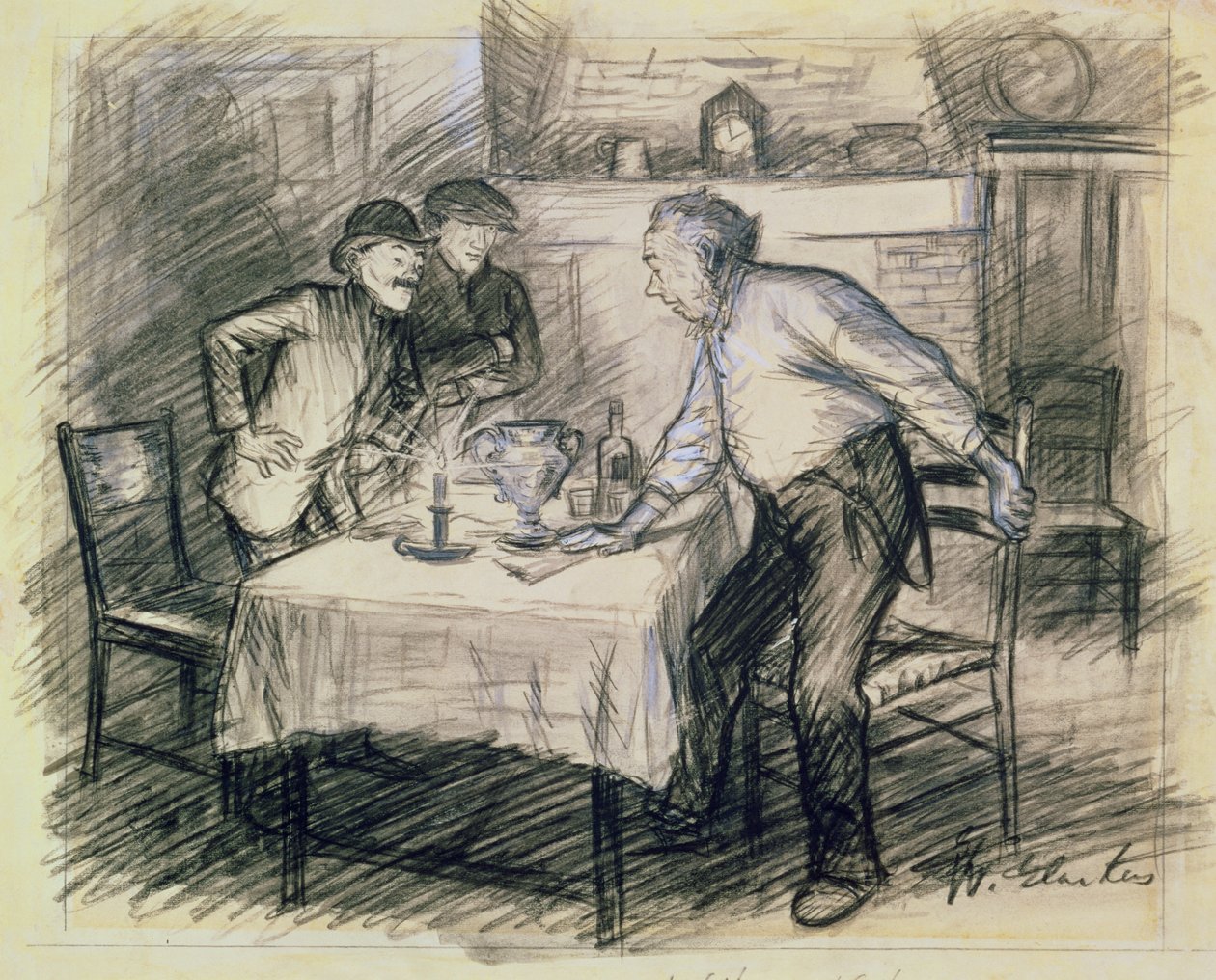 Innenraum mit drei Männern, die von einem Tisch aufstehen von William James Glackens