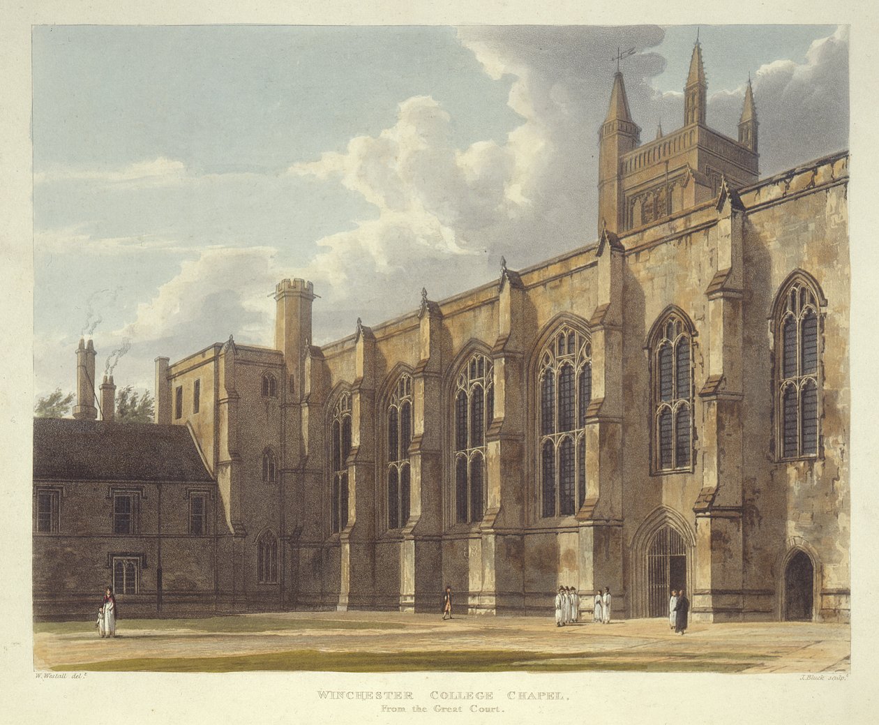 Kapelle des Winchester College vom Großen Hof, aus der Geschichte des Winchester College, Teil der Geschichte der Colleges, gestochen von J. Bluck, veröffentlicht von R. Ackermann, 1816 von William after Westall