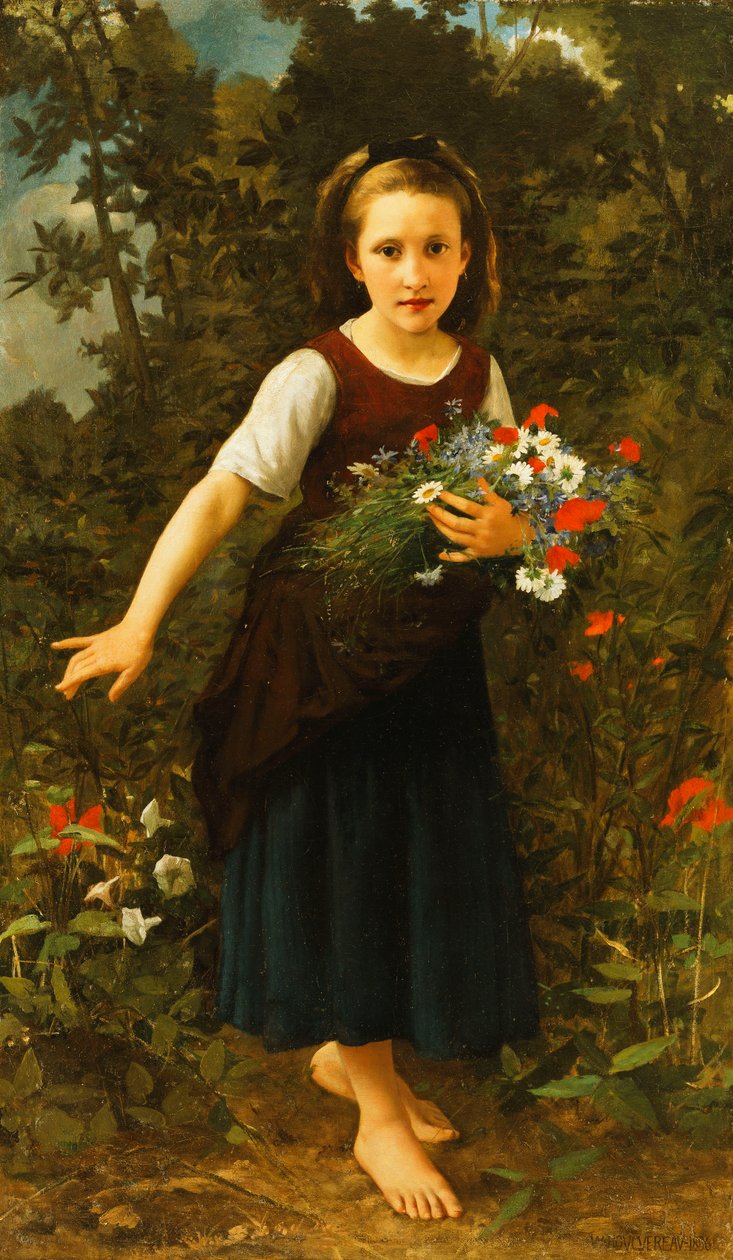 Kleines Mädchen am Bach mit einem Blumenstrauß, 1886 von William Adolphe Bouguereau