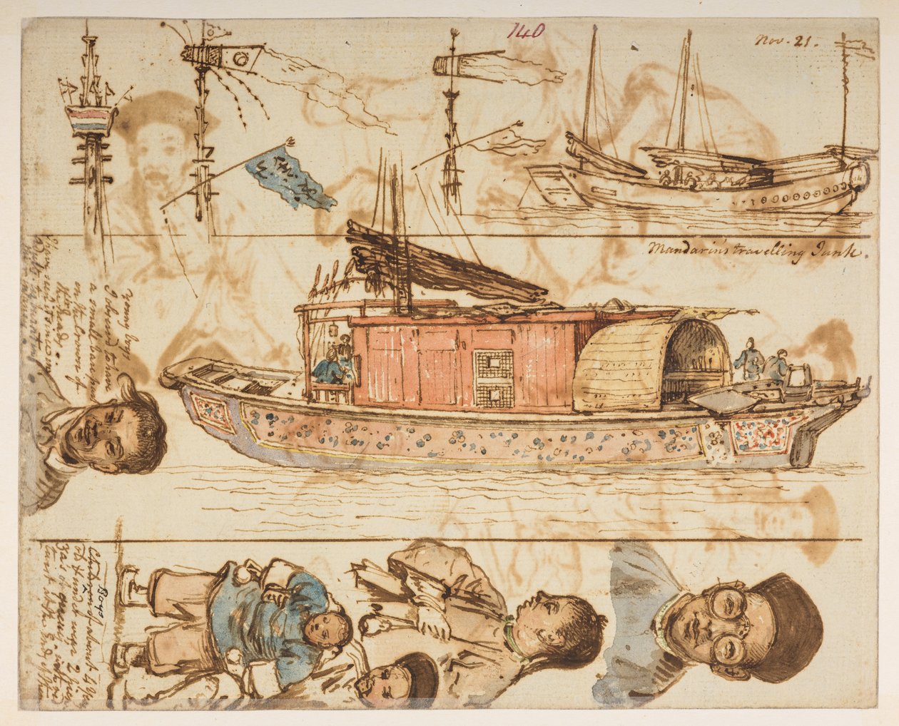 140 Mandarins Reisende Dschunke, aus einem Album von 372 Zeichnungen von Landschaften, Küstenlinien, Kostümen und Alltagsleben, erstellt während Lord Macartneys Gesandtschaft an den Kaiser von China, zwischen 1792 und 1794 (Bleistift & Aquarell auf Papier) von William Alexander