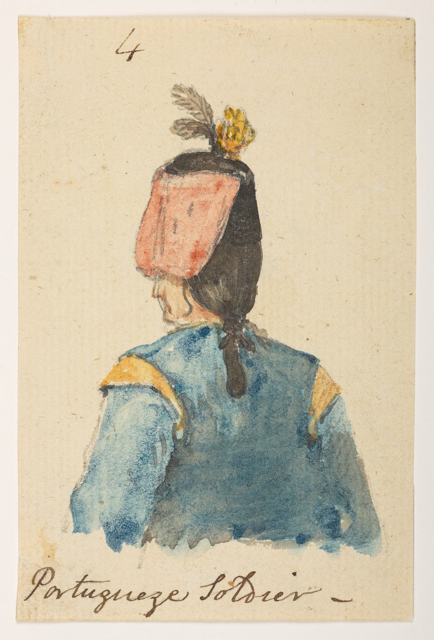 Portugiesischer Soldat aus einem Album von 372 Zeichnungen von Landschaften, Küstenlinien, Kostümen und Alltagsleben während der Gesandtschaft von Lord Macartney an den Kaiser von China, zwischen 1792 und 1794 von William Alexander