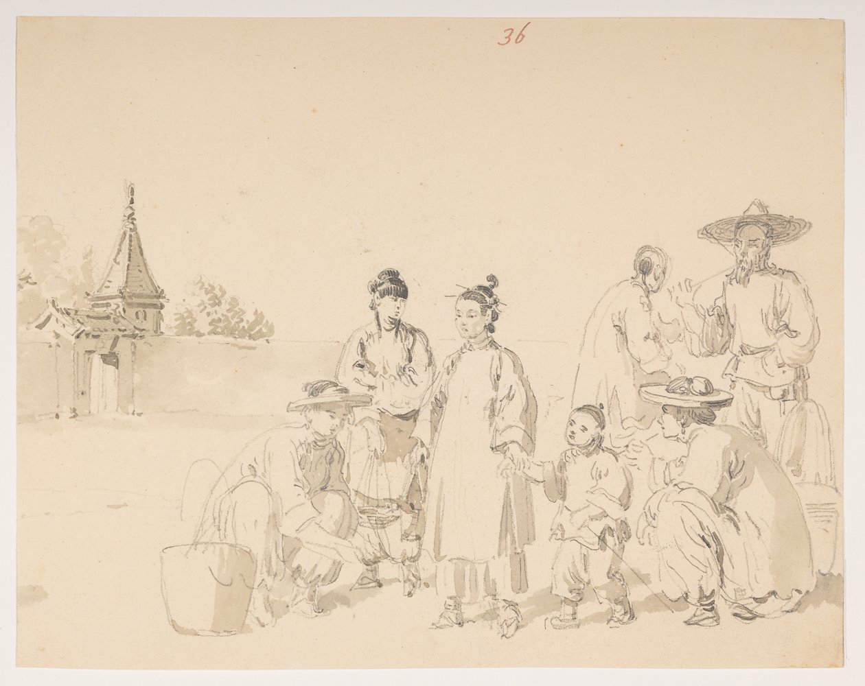 Eine Gruppe, aus einem Album mit 372 Zeichnungen von Landschaften, Küstenlinien, Kostümen und Alltagsleben, erstellt während der Botschaft von Lord Macartney an den Kaiser von China von William Alexander