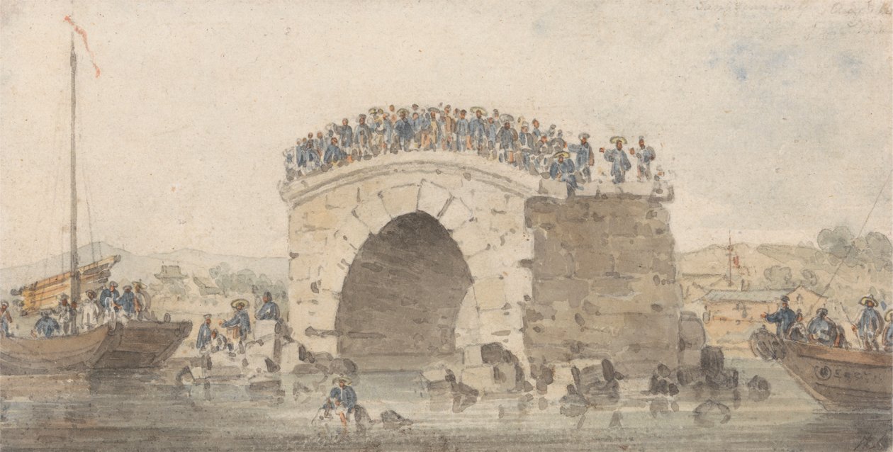 Überreste einer Brücke bei San-Sien-Wey am Pei-Ho in der Nähe von Tong-Tcheou, 15. August 1793 von William Alexander