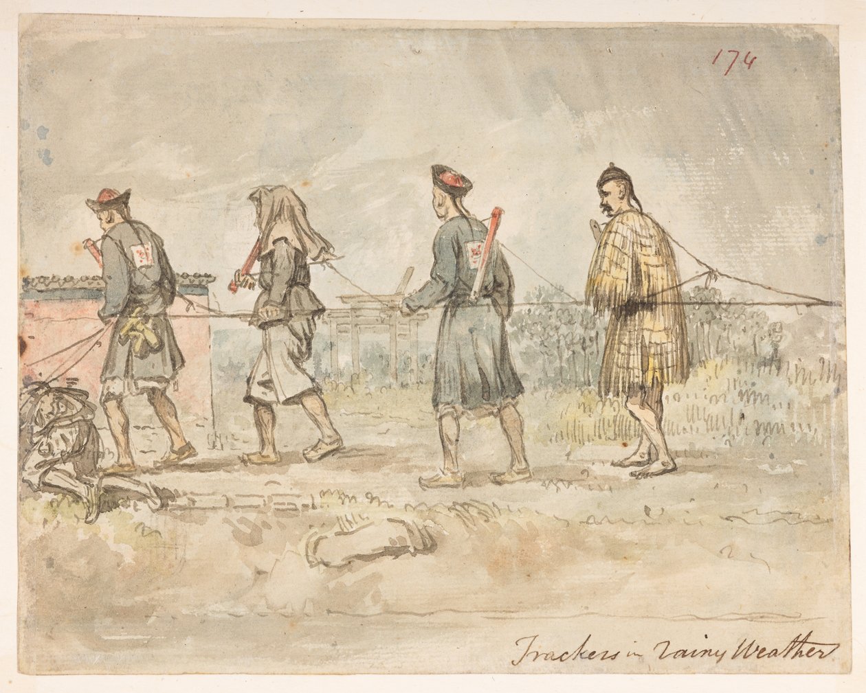 Fährtenleser bei Regenwetter, aus einem Album mit 278 Zeichnungen von Landschaften, Küstenlinien, Kostümen und Alltagsleben, gemacht während der Botschaft von Lord Macartney an den Kaiser von China (Bleistift & Aquarell auf Papier) von William Alexander