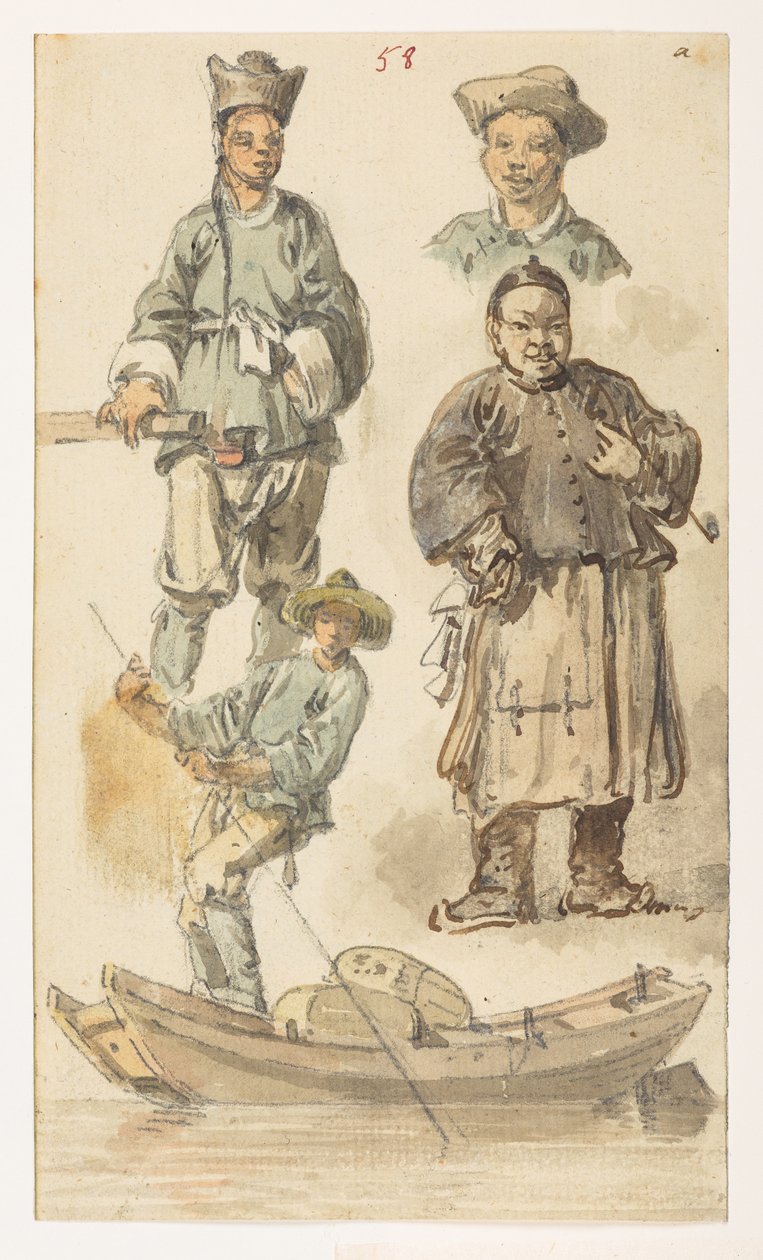 Studien von Chinesen, aus einem Album von 372 Zeichnungen von Landschaften, Küstenlinien, Kostümen und Alltagsleben während der Botschaft von Lord Macartney an den Kaiser von China, zwischen 1792 und 1794 von William Alexander