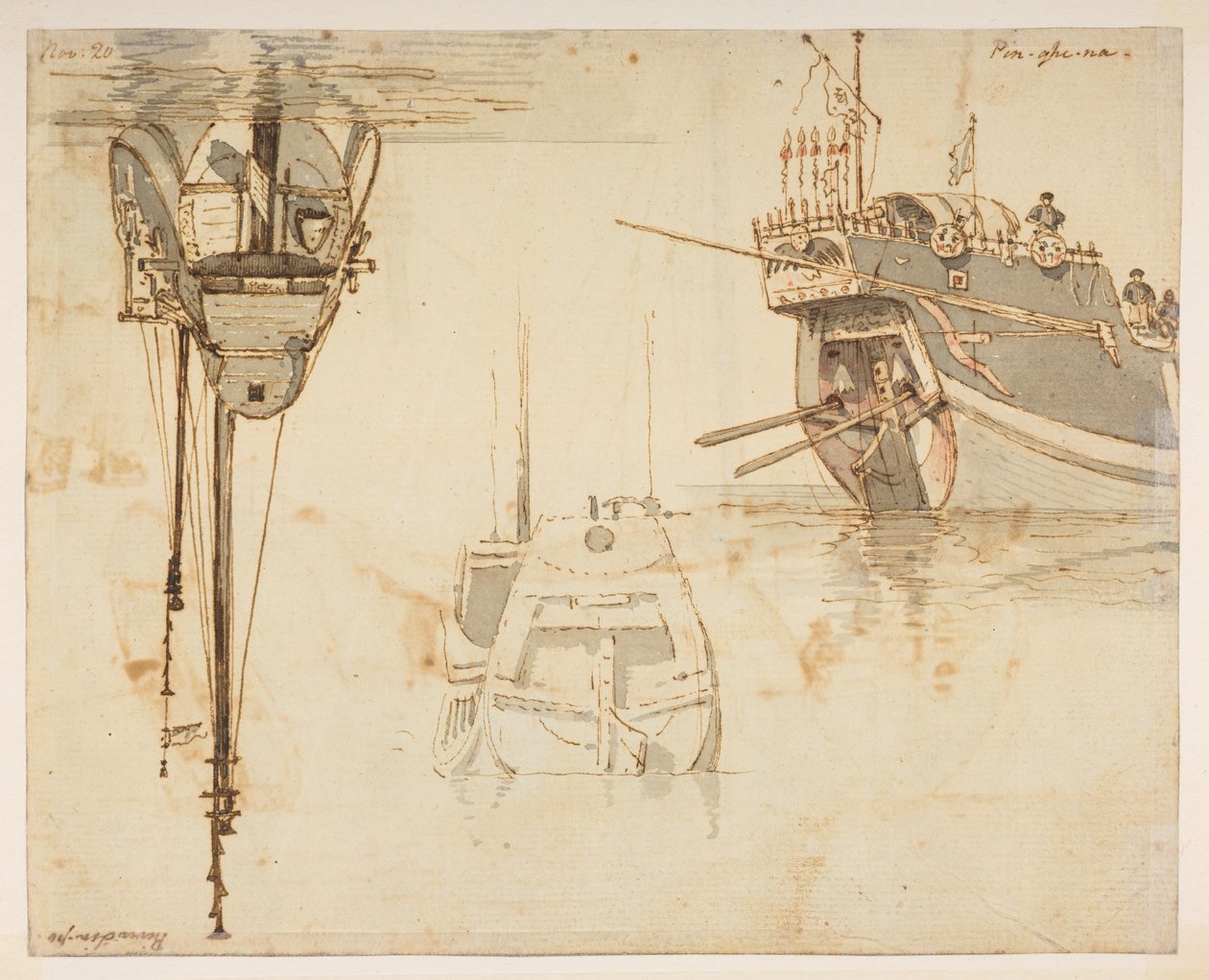 f.58 145v Boot. Fluss Lim-po. Nov 20., aus einem Album von 372 Zeichnungen von Landschaften, Küstenlinien, Kostümen und Alltagsleben, erstellt während Lord Macartneys Gesandtschaft an den Kaiser von China, zwischen 1792 und 1794 (Bleistift & Aquarell auf P von William Alexander