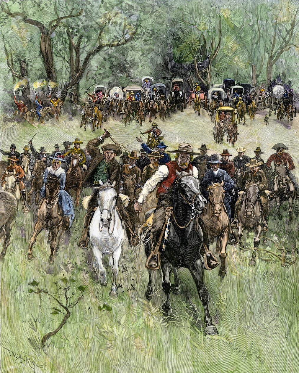 Vereinigte Staaten, Oklahoma: West Conquete. Besitzer laden beim Signal in West Oklahoma während des Landrauschs von William Allen (after) Rogers