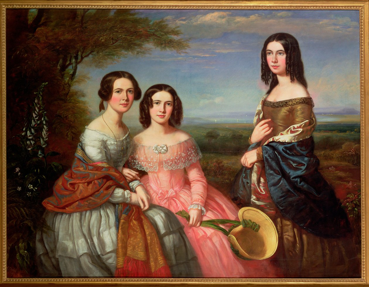 Gruppenporträt von drei Mädchen, Dreiviertellänge, in einer Landschaft von William Baker