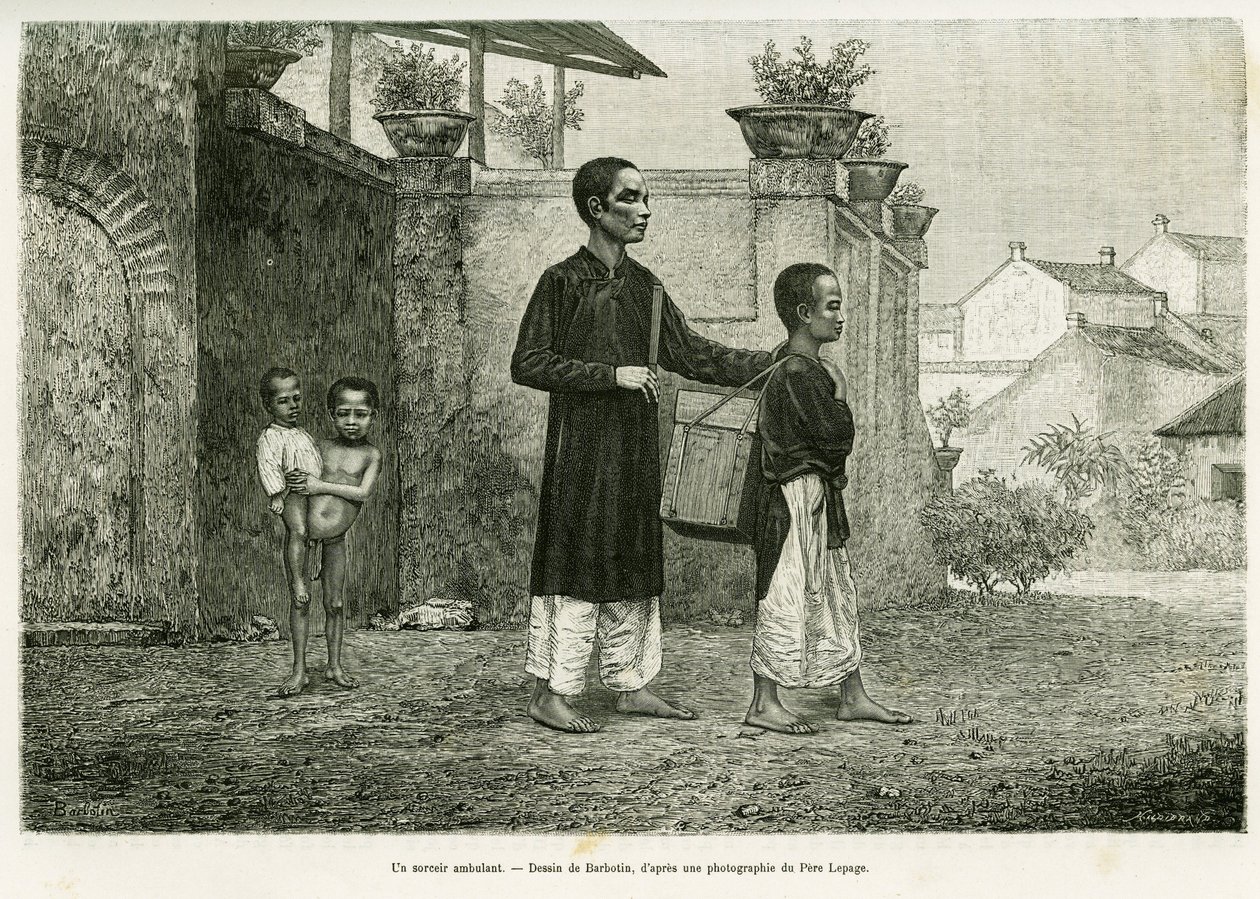 Ein wandelnder Zauberer, ein blinder Masseur. Gravur von Barbotin zur Illustration der Geschichte Trente mois au Tonkin, 1884, von Dr. Paul Hocquard, in Le Tour du Monde 1890, unter der Leitung von Edouard Charton, Hachette, Paris von William Barbotin