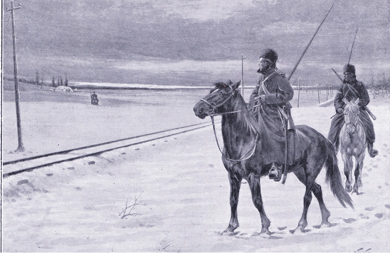 Bewachung der Eisenbahn in der Nähe von Mukden, Illustration aus Cassells Geschichte des Russisch-Japanischen Krieges Band 1, ca. 1900 von William Barnes Wollen