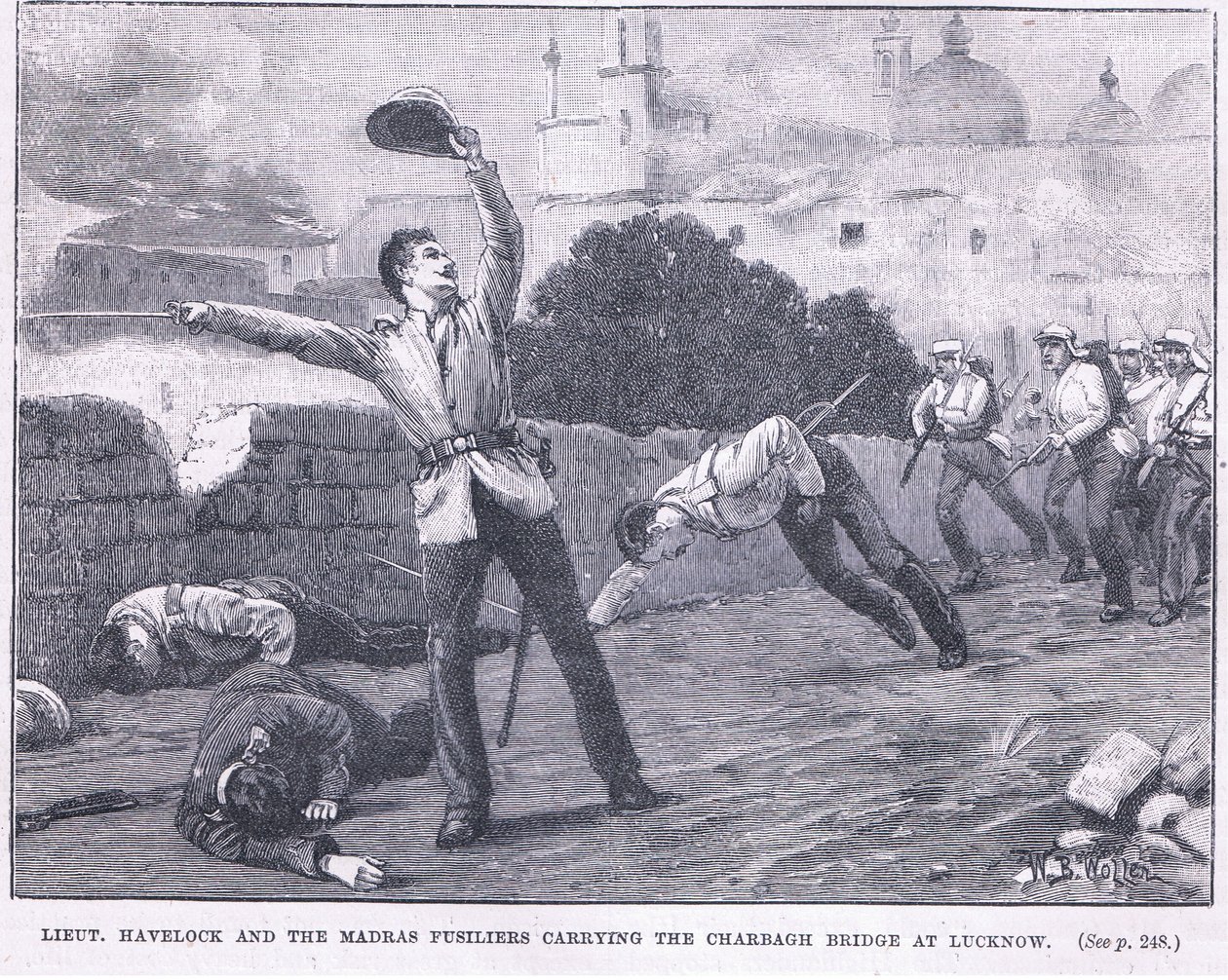 Leutnant Havelock und die Madras-Füsiliere erobern die Charbagh-Brücke in Lucknow 1857 n. Chr. von William Barnes Wollen