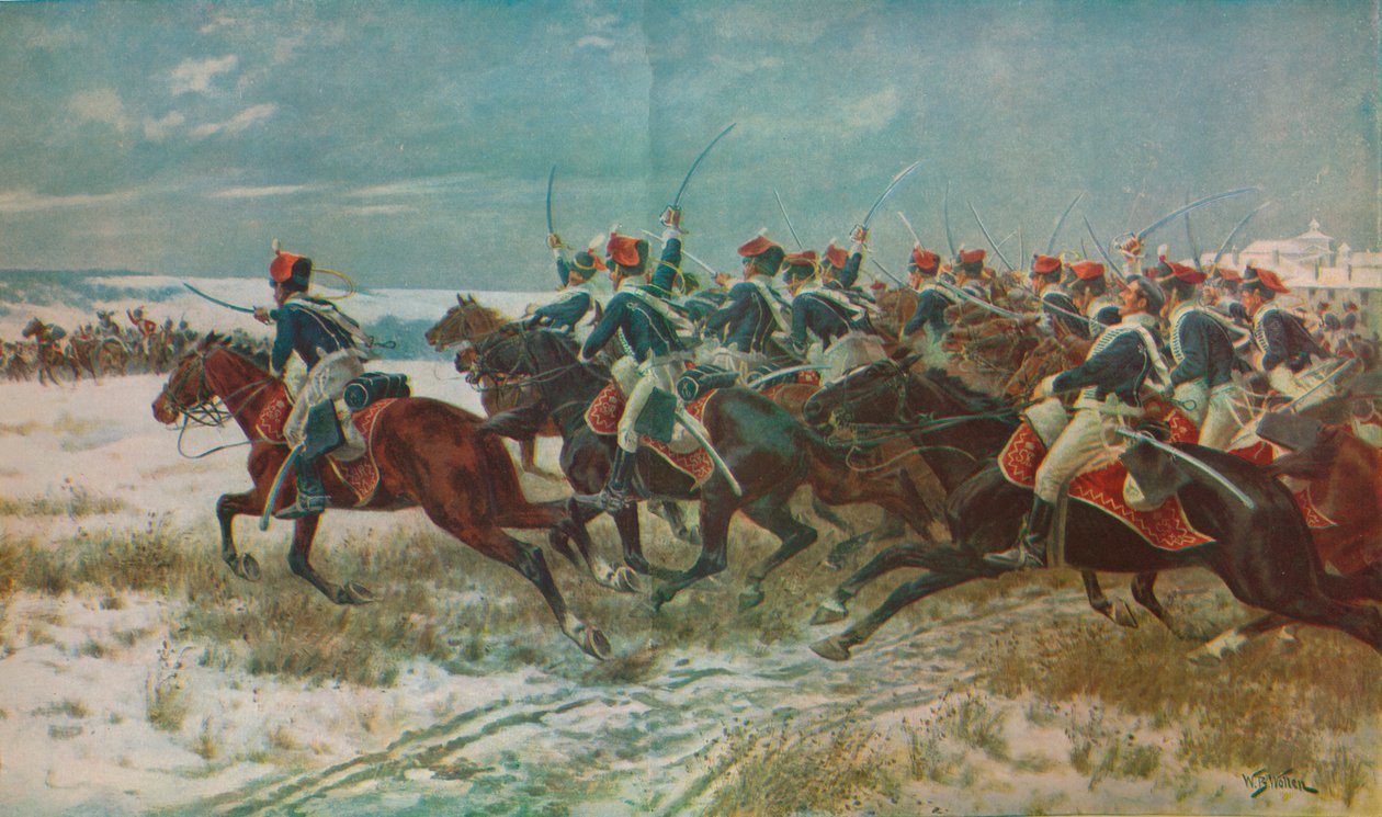Der Angriff der 10. Husaren bei Benevente Corunna-Kampagne, 1809, ca. 1915 1928 von William Barnes Wollen