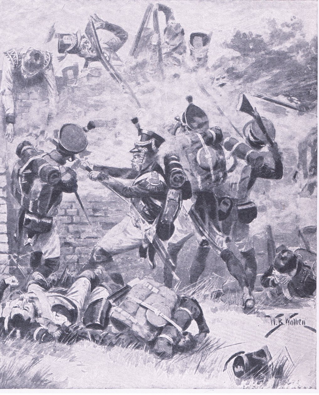 Der Angriff auf die Mauer bei Hougomont: Waterloo 1815, Illustration aus British Battles on Land and Sea, 1915 von William Barnes Wollen