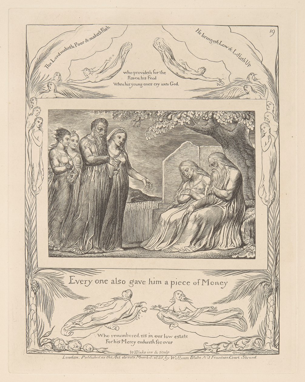 Buch Hiob, Platte 19, Jeder gab ihm auch ein Stück Geld von William Blake