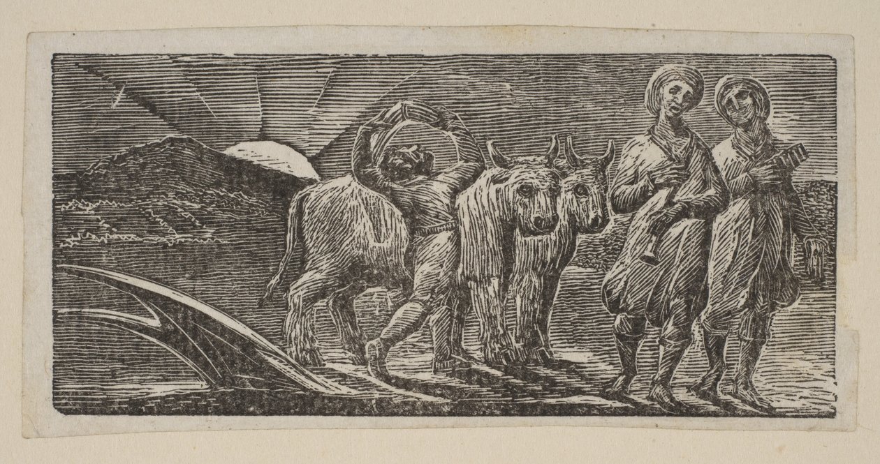 Junge kehrt freudig zurück, mit Pflug und Ochsen, aus Thorntons Pastoralen von Virgil, 1821 von William Blake