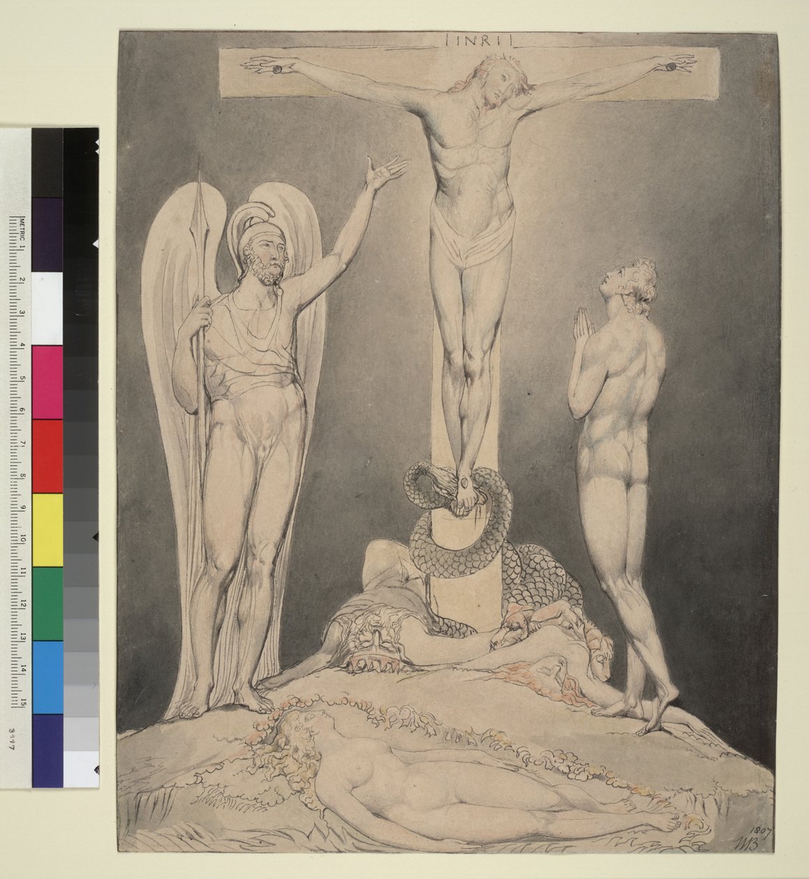 Illustration 11 zu Miltons "Das verlorene Paradies": Michael prophezeit die Kreuzigung von William Blake