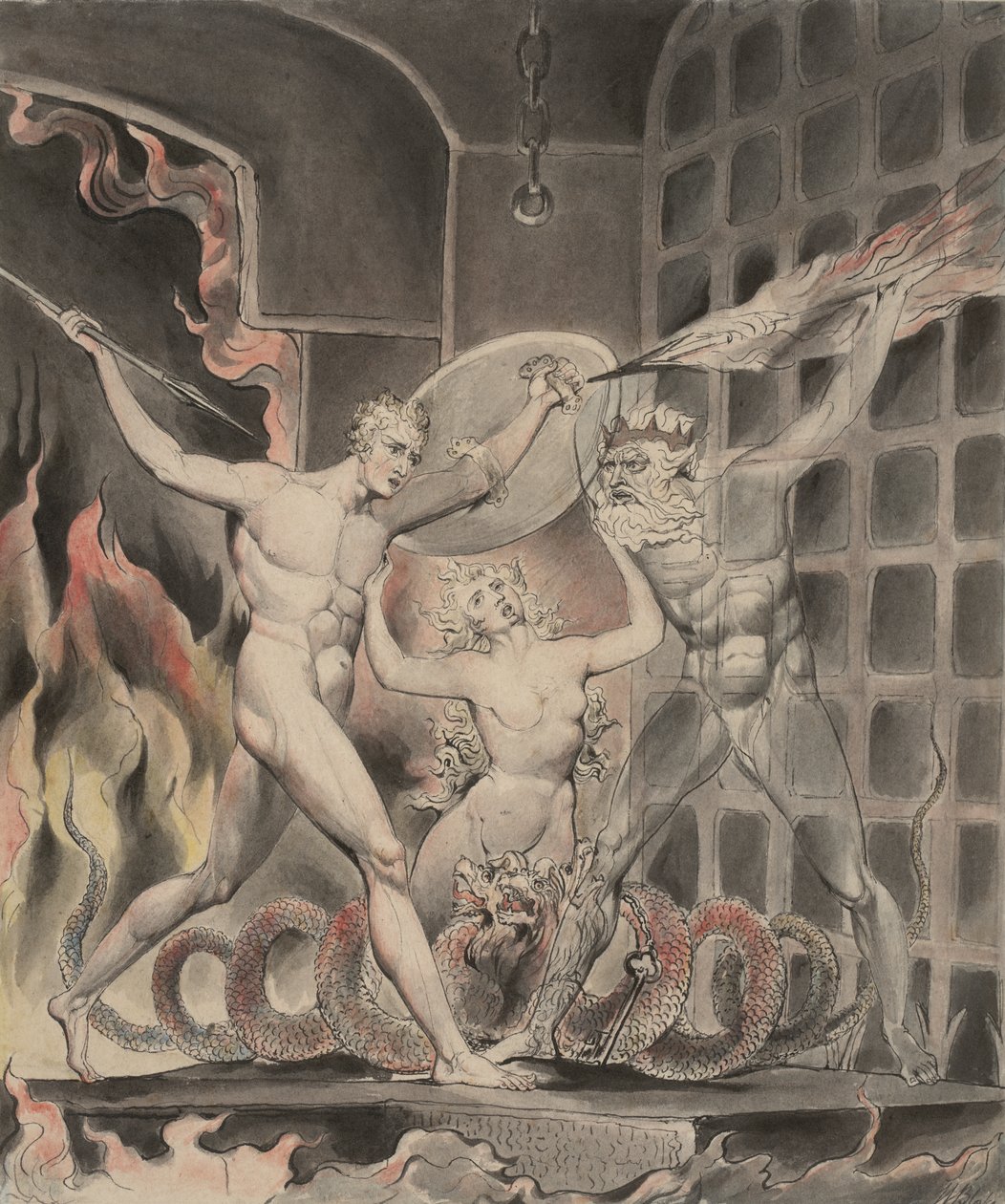Illustration 2 zu Miltons "Das verlorene Paradies": Satan, Sünde und Tod: Satan kommt zu den Toren der Hölle, 1807 von William Blake