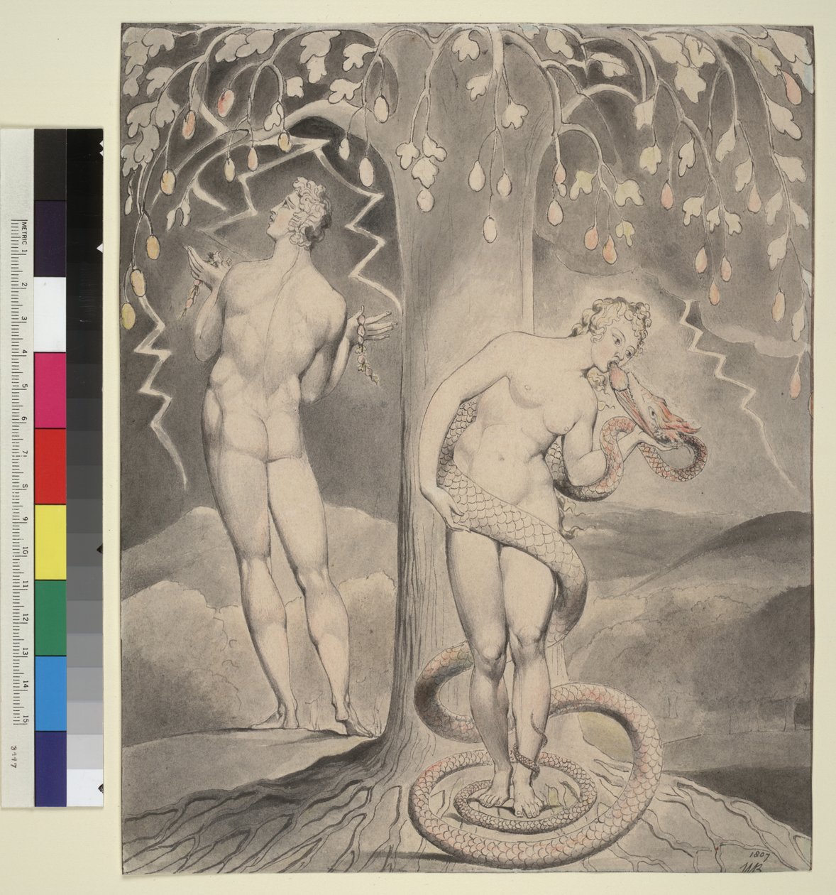 Illustration 9 zu Miltons "Das verlorene Paradies": Die Versuchung und der Fall Evas von William Blake