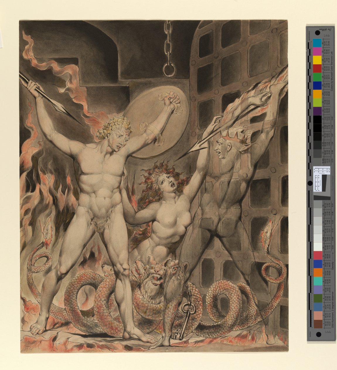 Illustration zu Miltons "Das verlorene Paradies": Satan, Sünde und Tod: Satan kommt zu den Toren der Hölle (große Version) von William Blake