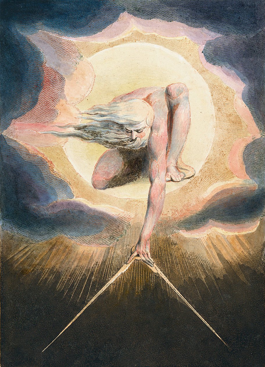 Der Uralte der Tage - Urizen misst die materielle Welt - Illustration des Frontispizes des Buches „Europa. Eine Prophezeiung.“ Zeichnung von William Blake (1757-1827) von William Blake