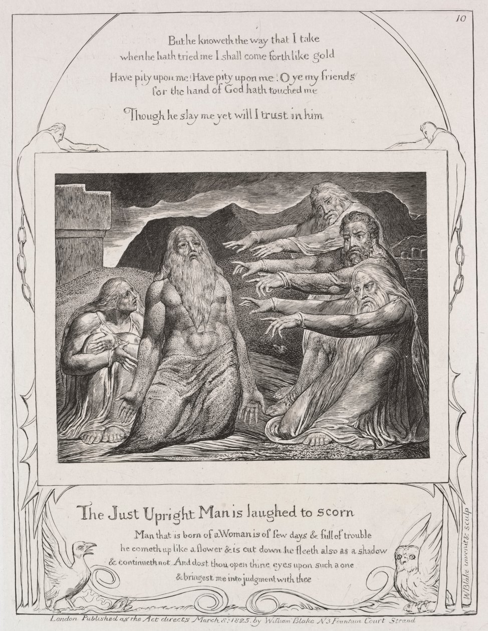 Das Buch Hiob: Pl. 10, Der gerechte aufrechte Mann wird verspottet von William Blake