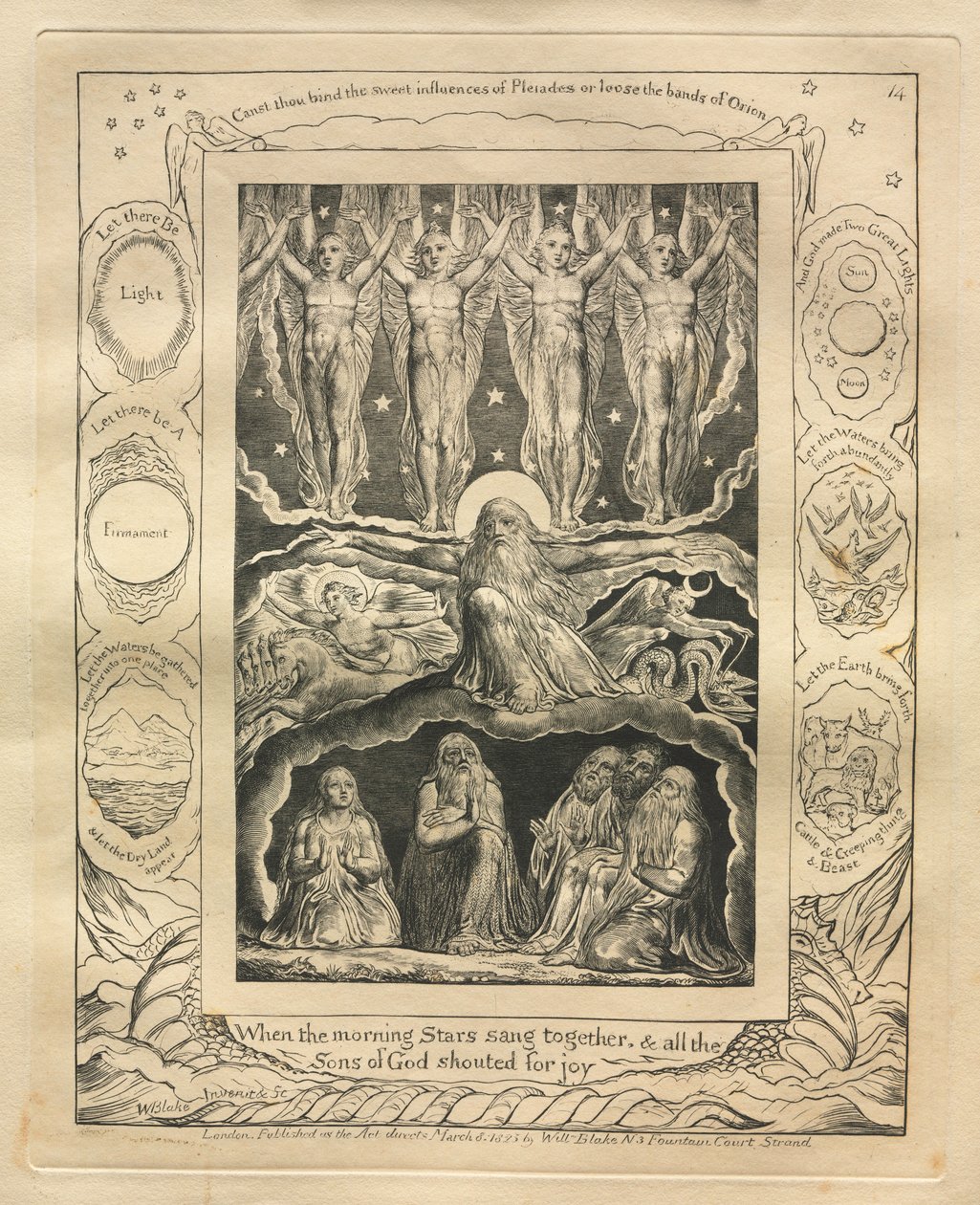 Das Buch Hiob: Pl. 14, Als die Morgensterne zusammen sangen und alle Söhne Gottes..., 1825 von William Blake