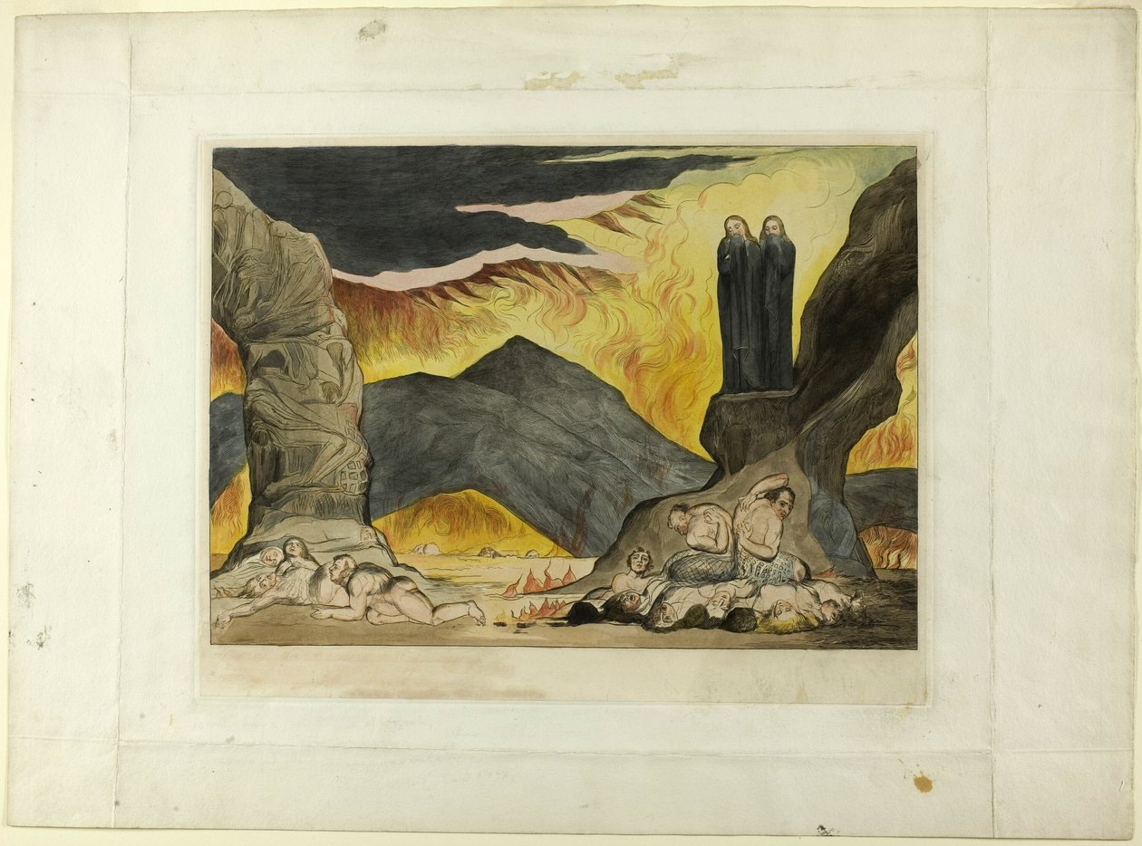 Der Kreis der Fälscher: Dante und Virgil bedecken ihre Nasen wegen des Gestanks. Inferno, Gesang XXIX von William Blake