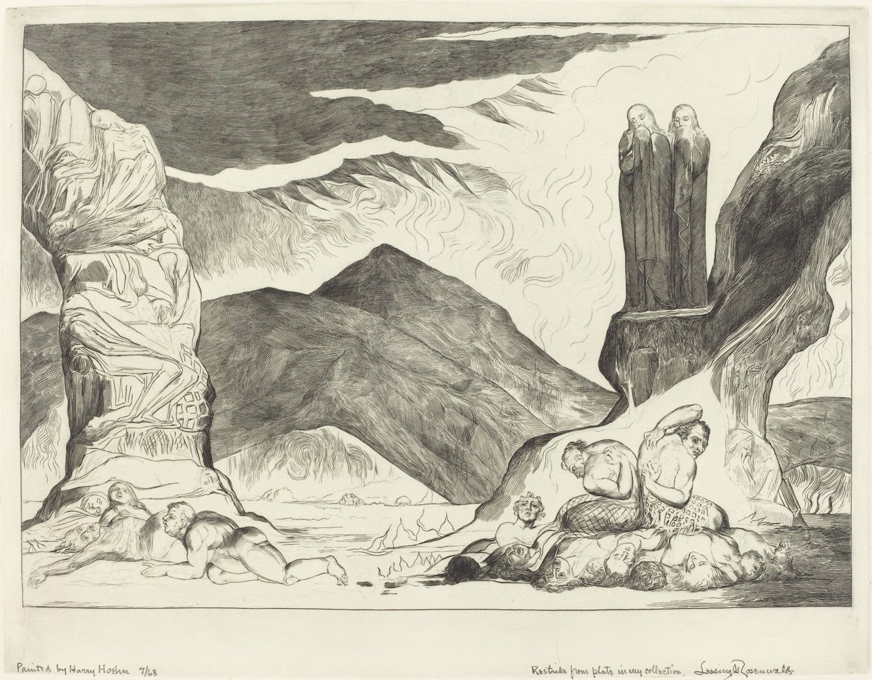 Der Kreis der Fälscher, Dante und Virgil halten sich die Nasen wegen des Gestanks zu von William Blake
