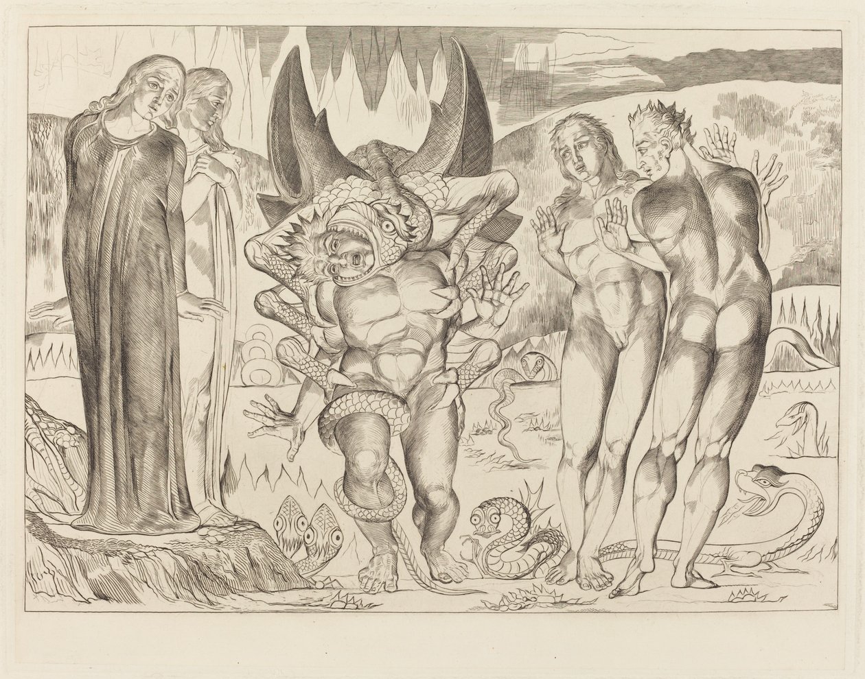 Der Kreis der Diebe; Agnolo Brunelleschi wird von einer sechsfingrigen Schlange angegriffen von William Blake