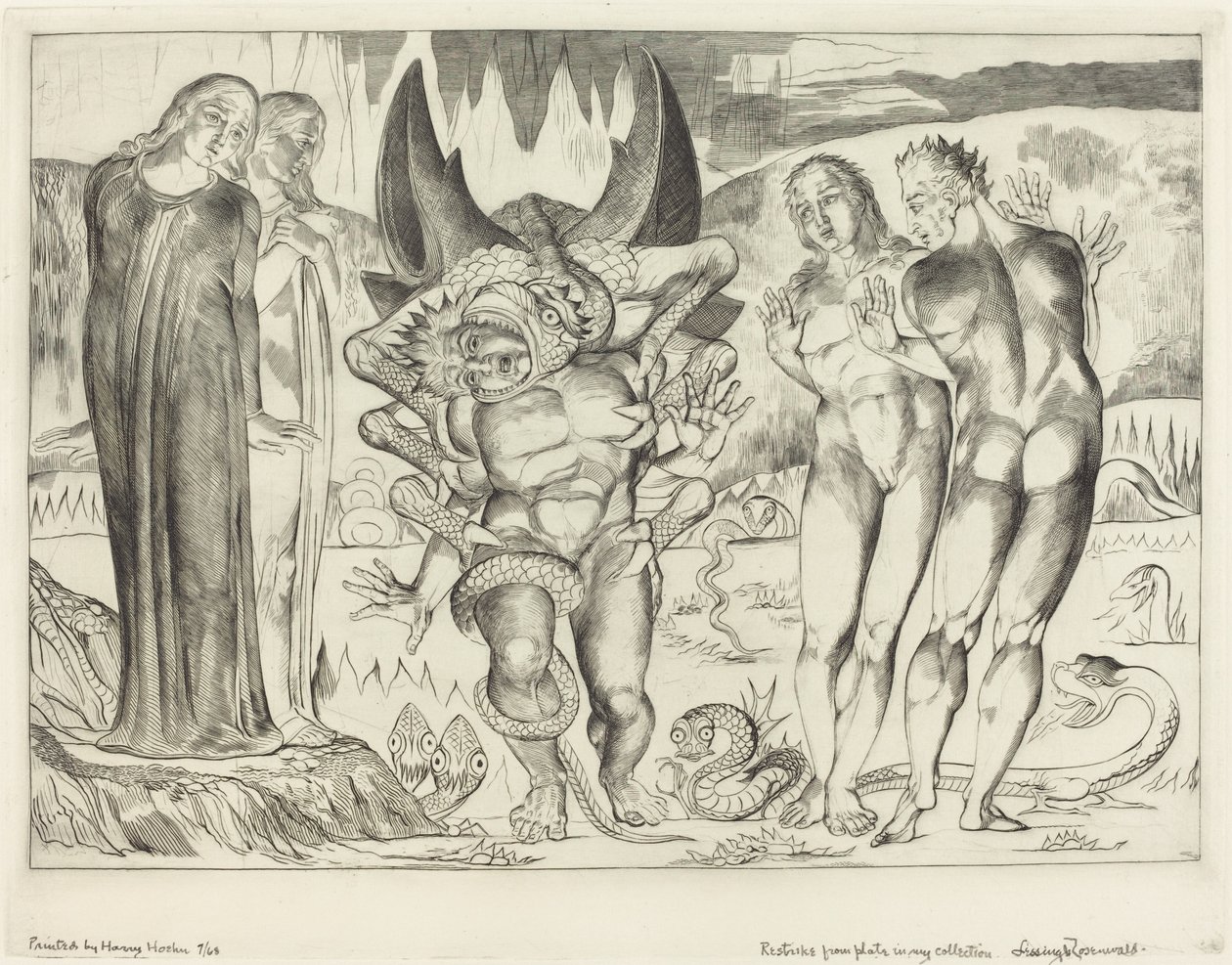 Der Kreis der Diebe; Agnolo Brunelleschi wird von einer sechsfingrigen Schlange angegriffen von William Blake