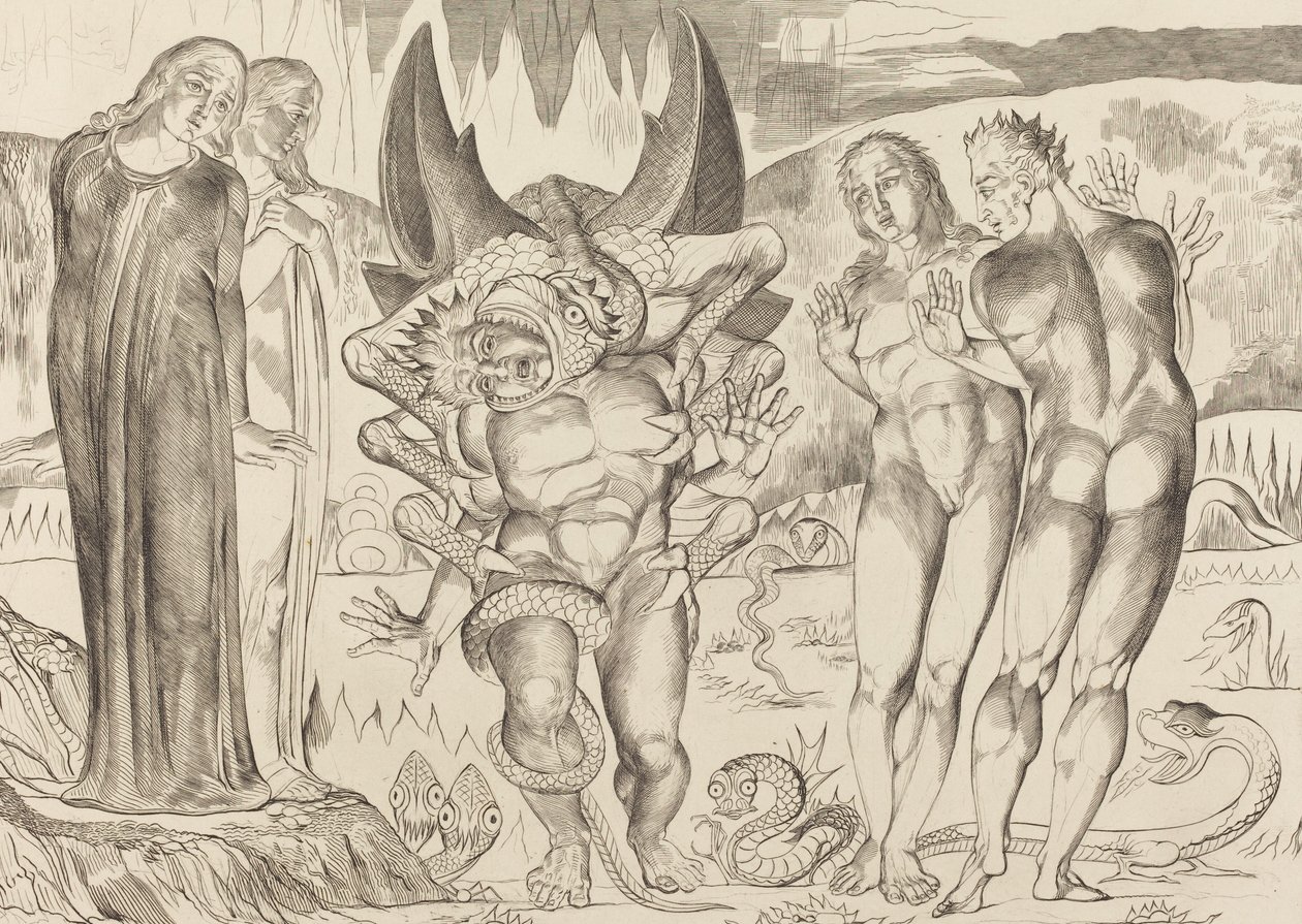 Der Kreis der Diebe, Agnolo Brunelleschi von einer sechsfingrigen Schlange angegriffen, 1827 von William Blake