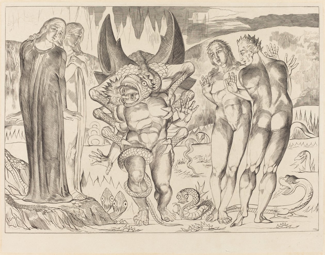 Der Kreis der Diebe, Agnolo Brunelleschi von einer sechsfingrigen Schlange angegriffen, 1827 von William Blake