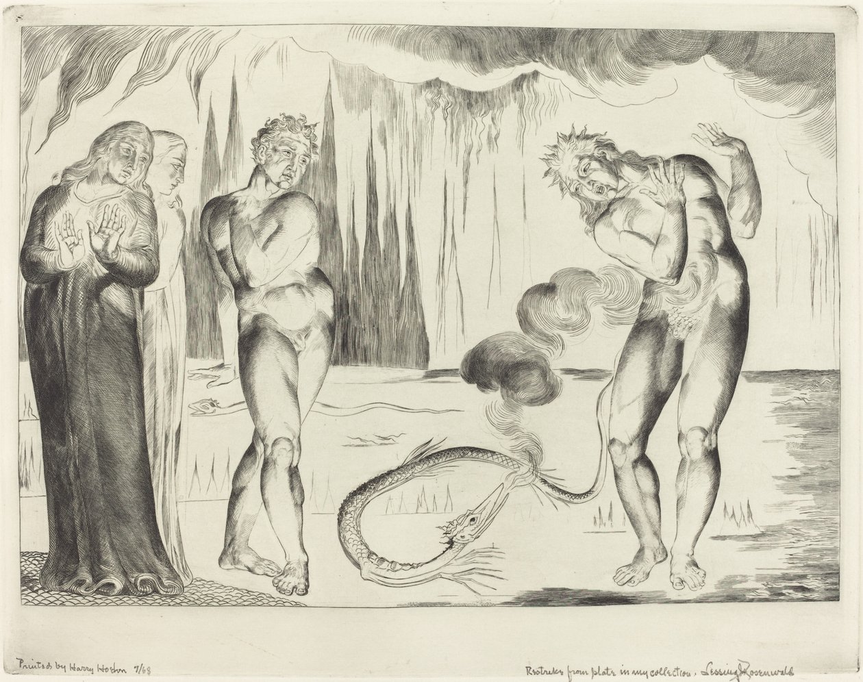 Der Kreis der Diebe, Buoso Donati von der Schlange angegriffen, 1827 von William Blake