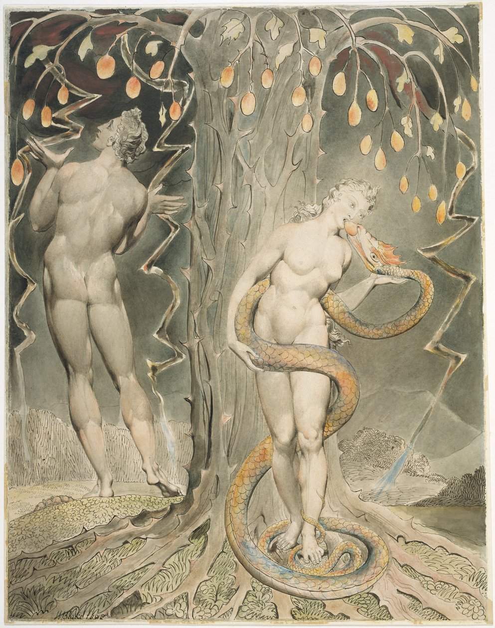 Die Versuchung und der Fall von Eva (Illustration zu Miltons "Verlorenes Paradies") von William Blake
