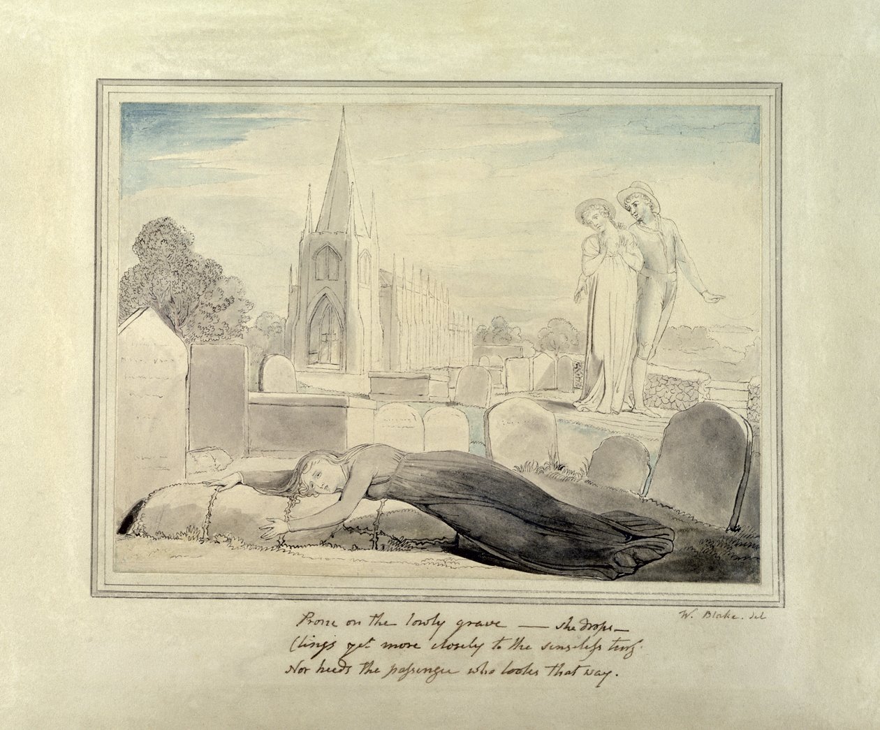Die Witwe umarmt das Grab ihres Mannes von William Blake