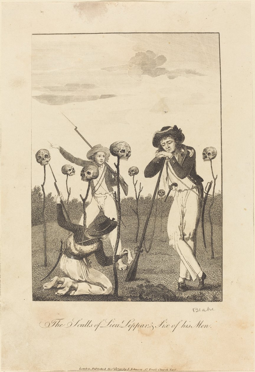 Die Schädel von Leutnant Leppar und sechs seiner Männer von William Blake after John Gabriel Stedman