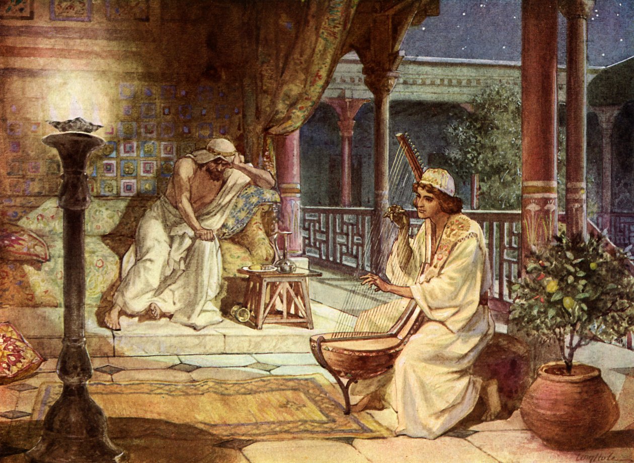 David spielt Harfe für Saul - Bibel von William Brassey Hole