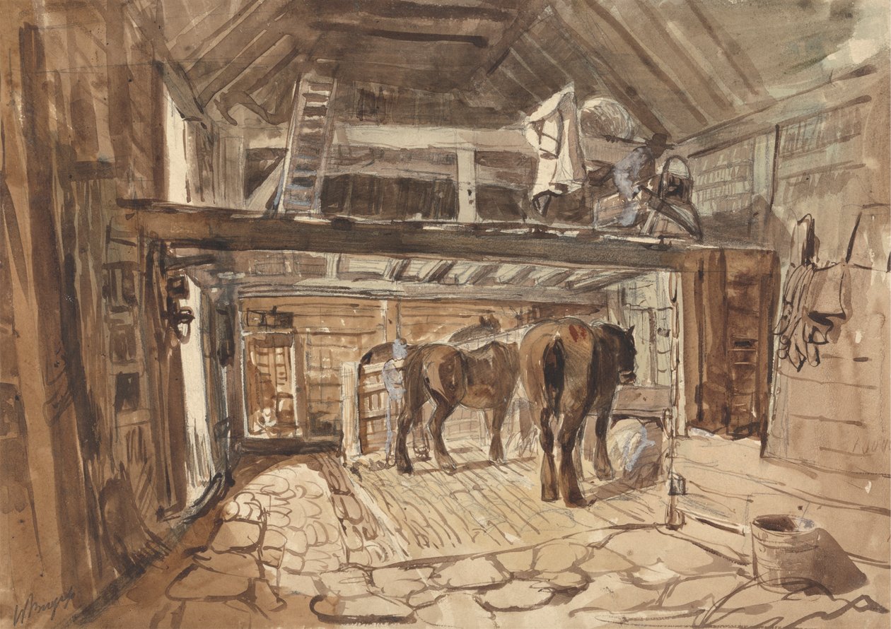 Innenansicht eines Stalls, mit zwei Pferden beim Fressen von William Burgess