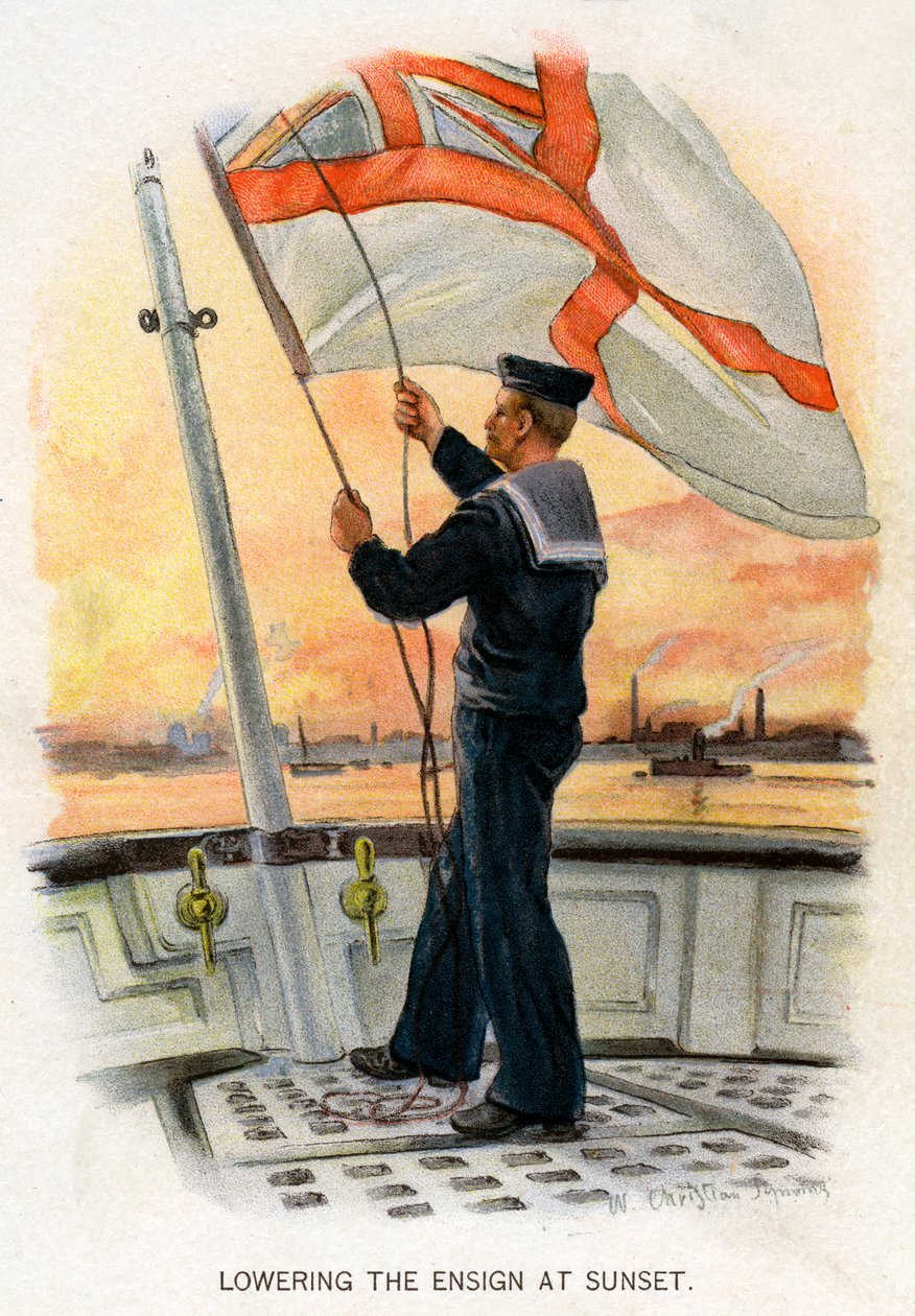 Das Senken der Flagge bei Sonnenuntergang, ca. 1890-1893 von William Christian Symons