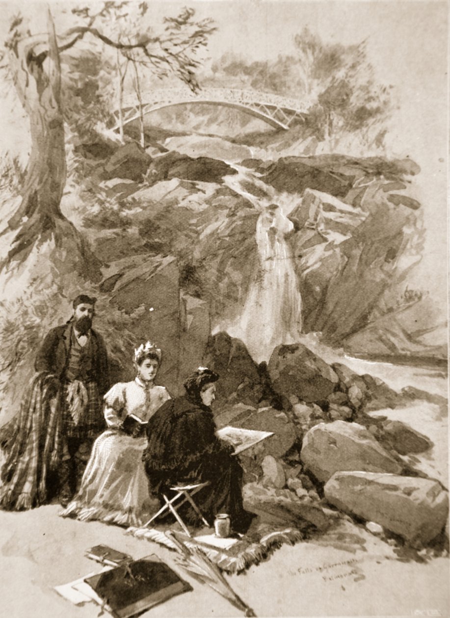 Königin Victoria als Künstlerin: Ihre Majestät skizziert die Garrawalt-Fälle, Braemar von William Crimea Simpson