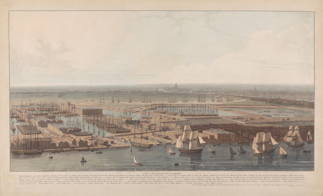 Ein Blick auf die Handelshäfen in Rotherhithe von William Daniell