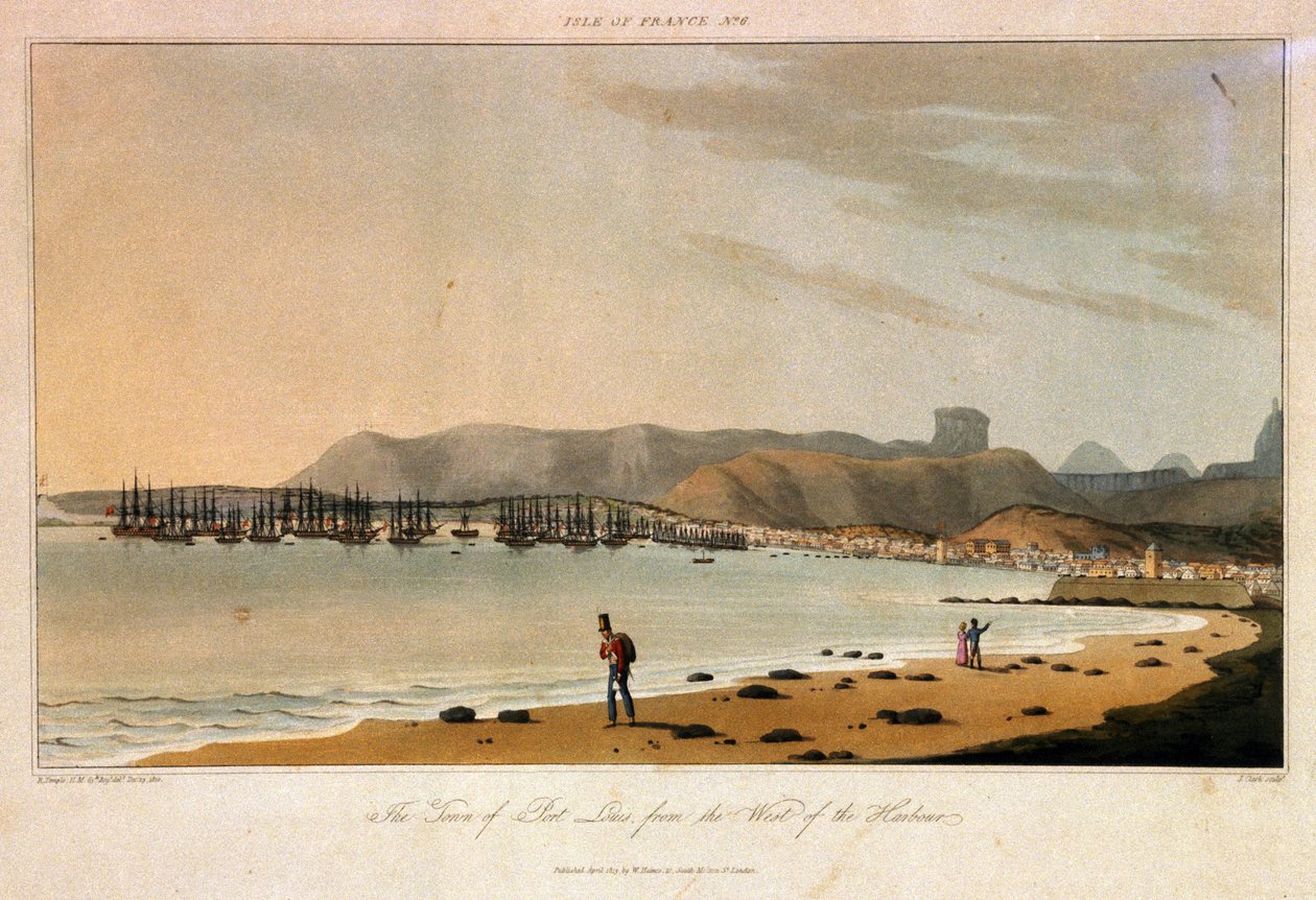 Ile de France (Mauritius), Ansicht der Stadt Port Louis, vom Westen des Hafens. Farbradierung von William Daniell